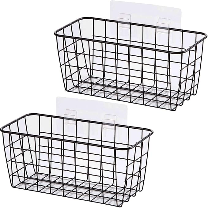 2 Set Adhesive Hanging Wall Basket Inside Cabinet Door Organizer,Wall StorageBasket-No Drilling Adhesive wall Basket for Cupboard Door, Space-Saving Small Hanging Baskets for Wall Mount Storage,Black
