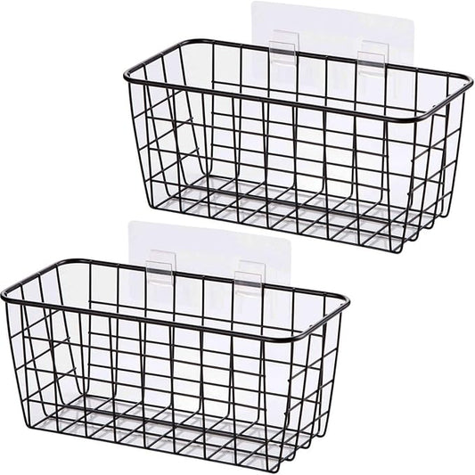 2 Set Adhesive Hanging Wall Basket Inside Cabinet Door Organizer,Wall StorageBasket-No Drilling Adhesive wall Basket for Cupboard Door, Space-Saving Small Hanging Baskets for Wall Mount Storage,Black