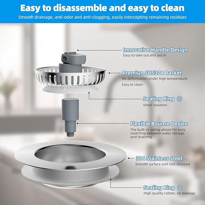 Hibbent 3 in 1 Kitchen Sink Drain Strainer, Stainless Steel Drain Stopper Combo, Pop Up Sink Stopper, Anti-Clogging Metal Basket Strainer with Handle for US Standard 3-1/2" Drain