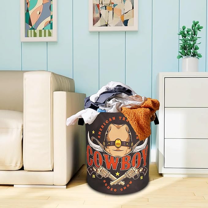 Western Cowboy Laundry Basket Cowboy Hat Oxford Cloth Laundry Hamper With Handle Foldable Portable Clothes Storage Basket 18.9 X 16.5 Inch Storage Bag For Laundry Room/Bathroom/Bedroom/Dormitories