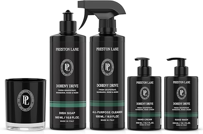 Preston Lane Signature Home Set – All Purpose Cleaner, Dish Soap, Hand Wash, Hand Cream & Scented Candle | Plant-Powered Cleaning & Care Essentials with Fine Italian Fragrance, Doheny Drive