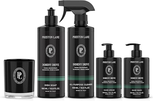Preston Lane Signature Home Set – All Purpose Cleaner, Dish Soap, Hand Wash, Hand Cream & Scented Candle | Plant-Powered Cleaning & Care Essentials with Fine Italian Fragrance, Doheny Drive
