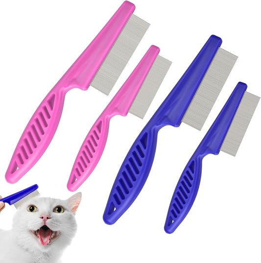 Flea Comb for Cats with Handle, 4 Pcs Flea Brush Tear Stain Comb Grooming Face and Matted Hair Paws Pet Lice Comb for Small, Medium & Large Cat Dog Kitten Rabbit