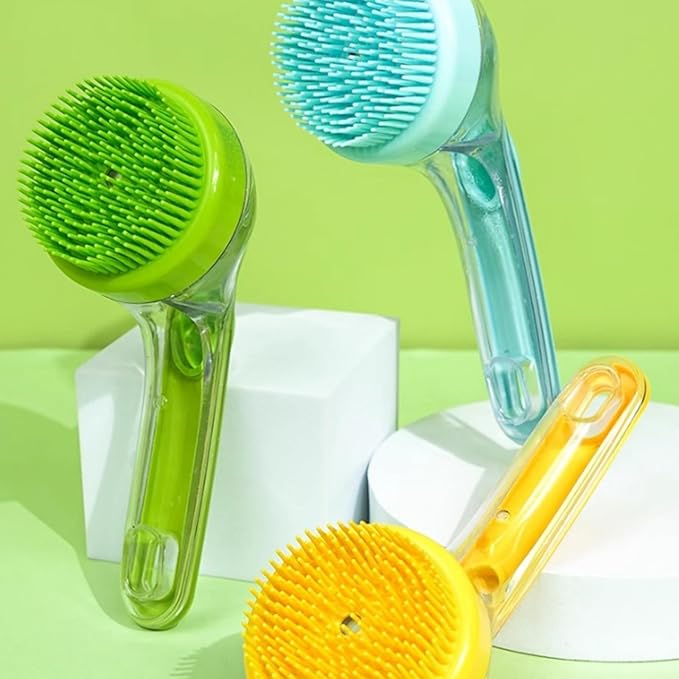 Bath Brush for Dogs with Soap Dispenser, 2025 New Dog Scrubber for Bath, 2 in 1 Dog Bath Brush with Built-In Shampoo Dispenser, Pet Wash Brush for Grooming, For Long Short Haired (Yellow+Blue)