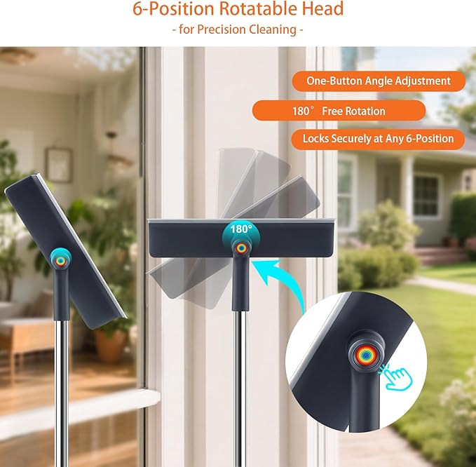 Window Cleaning Kit, Rotatable Window Squeegee for Home with 60" Extension Pole for High Windows, 3 Microfiber Cloths, Screen Brush, for Glass Indoor Outdoor