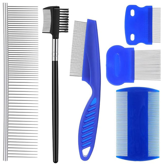6-Pack Flea Comb for Cats Stainless Steel Lice Comb Set Dog Flea Brush Double-Sided Tear Stain Remover Pet Grooming Kit for All Types of Small Medium Large Pets (Blue)