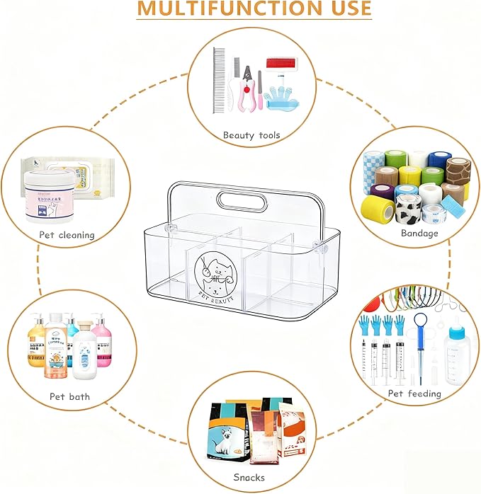 Clear Dog Storage Organizer,Pet Grooming Supplies Organizer with Handle,5 compartments Countertop Caddy, Storage Bin for Dog Cat Grooming Kit,Trimmer,Clipper,Combo,Brush