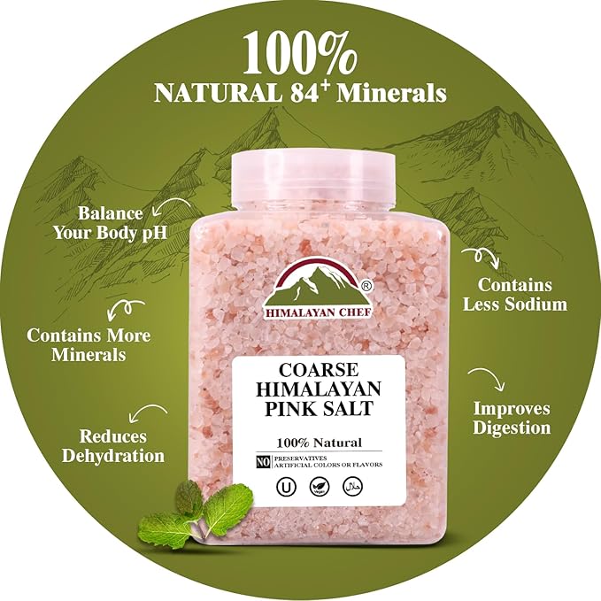 Himalayan Chef Pink Himalayan Salt Coarse Grain, 5 lbs Plastic Jar - Pure, Natural, Kosher, Mineral-Rich, Ideal for Grinder Refills, Cooking, Seasoning