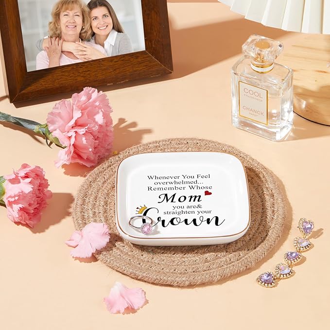PUDDING CABIN Christmas Gifts Mom's Jewelry Holder Dish “Remember Whose Mom You Are Straighten Your Crown” – Birthday Mothers Day Valentines Gifts for Mother