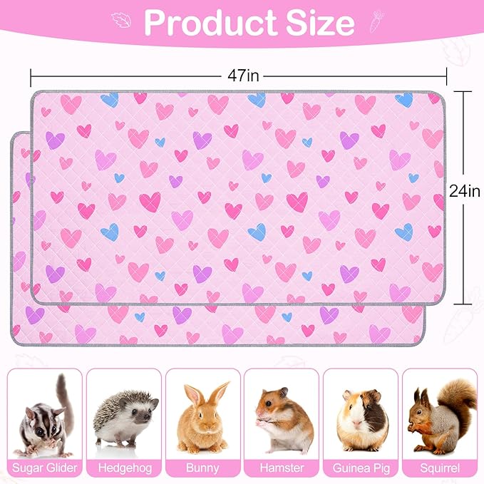 Bienbee Guinea Pig Bedding, 2 Pack 47" x 24" Reusable Guinea Pig Cage Liner Waterproof and Absorbent Small Animal Bedding Washable Guinea Pig Pee Pads for Small Pet Hamster Rabbit Squirrel, Pink