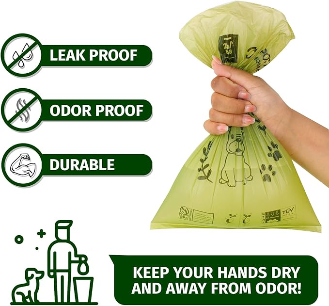100% Certified Compostable Dog Waste Bags, 300 Count, ASTM D6400 Standard, OK Compost, 9 IN x 13IN, Unscented (20 Rolls, 15 Bags)