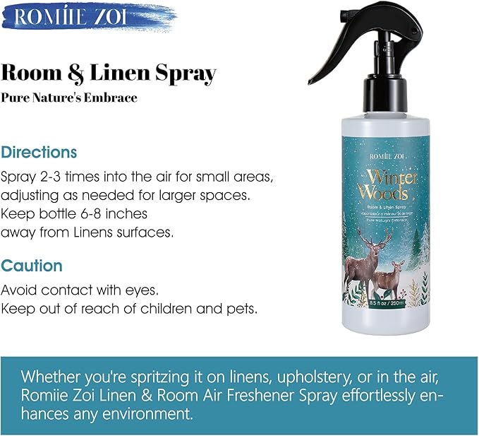 Romiie Zoi Christmas Linen & Room Air Freshener Spray Room Mist- Winter Woods Forest Green - Infused with Winter Woods Aroma- 250ml / 8.5 FL OZ.
