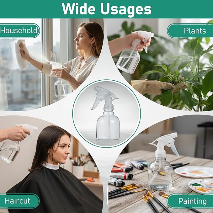 12 Pcs 8 oz Empty Plastic Spray Bottle with Trigger Sprayers Pet Adjustable Head from Fine to Stream Refillable for Hair, Plants, Cooking, Pets, Bath, Beauty, Cleaning, No Leakage (Clear)