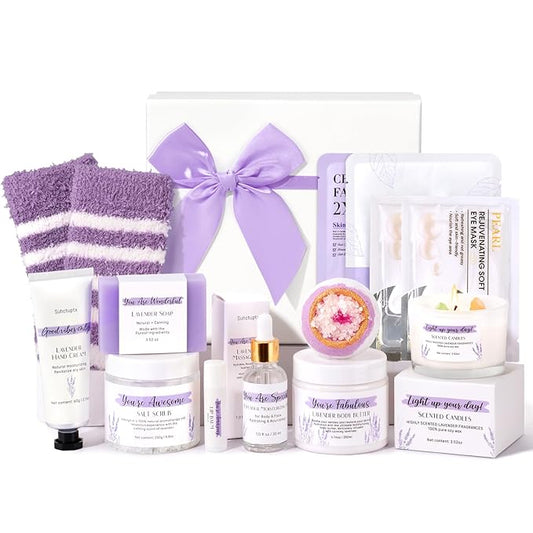Spa Gifts for Women 13Pcs Mothers Day Gifts Happy Birthday Gift Baskets Christmas Relaxation Home Spa Kit Lavender Bath Set Self Care Package Thank You Box for Mom Her Sister Teacher Friends Purple