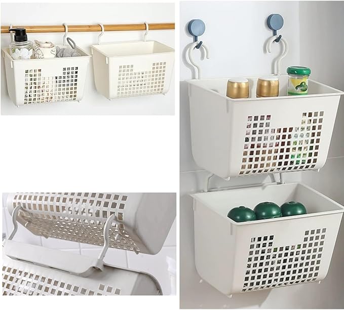 3PCS Plastic Hanging Baskets for Shower, Hanging Basket Organizer with Hooks, Rectangle 11.3Inches Small Hanging Storage Basket (Beige)