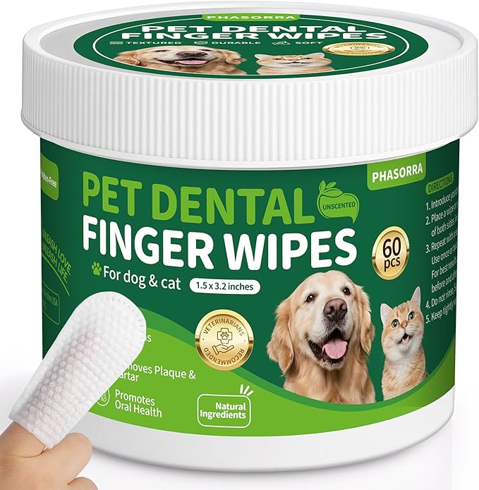 Dog Dental Care Wipes - Tooth Brushing kit, Teeth Cleaning Wipes for Dogs & Cats, Toothbrush Finger Dental Wipes Gum Care & Remove Stain - 60 Count