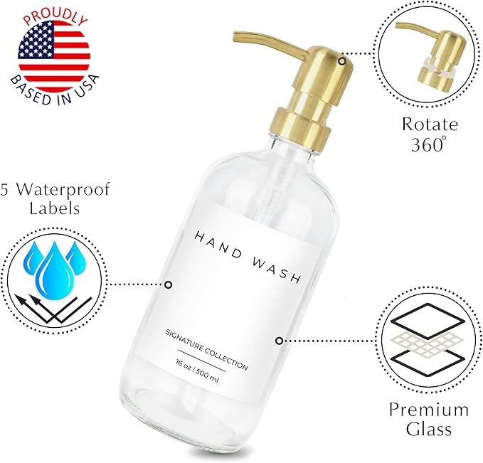 Emerson Soap Dispenser, Dish Soap Dispenser for Kitchen, Bathroom Set, Kitchen Hands and Dishes, Glass Bottles with Pump and Labels, 16 Oz | 2 Pack