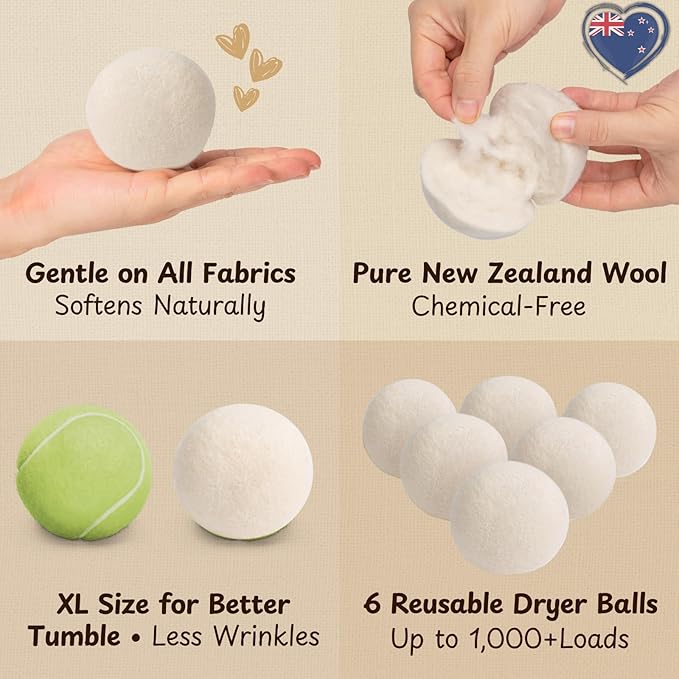 WoollyPals Dryer Balls (6-Pack, XL Size) - 100% New Zealand Wool - No More Dryer Sheets - Eco Dryer Balls - Reusable - Softens Laundry - Reduces Drying Time & Static - with Storage Bag (Plain White)
