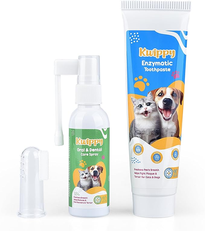 Dog Teeth Cleaning Toothpaste & Tooth Brushing Kit – Eliminate Plaque, Tartar & Bad Breath Mint Dog & Cat Breath Freshener Gel – Enzymatic Toothpaste + Finger Brush + Spray – Safe & Edible