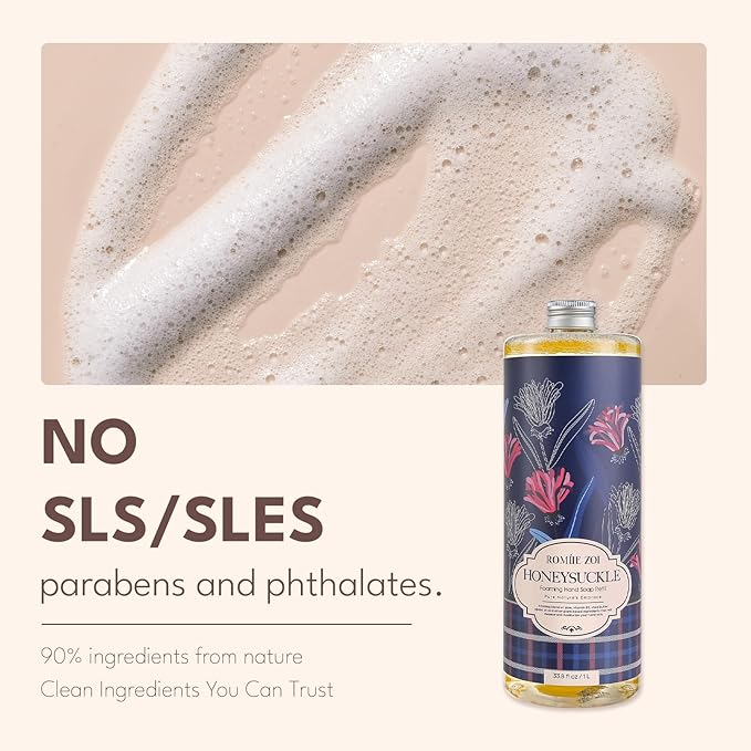 ROMIIE ZOI Foaming Hand Soap Refill Gift Set – Honeysuckle Scent – 3 Pack (1000ML Each) with Dispenser, Gentle & Moisturizing Plant-Based Formula – Bulk Refill Bottles for Bathroom & Kitchen Use