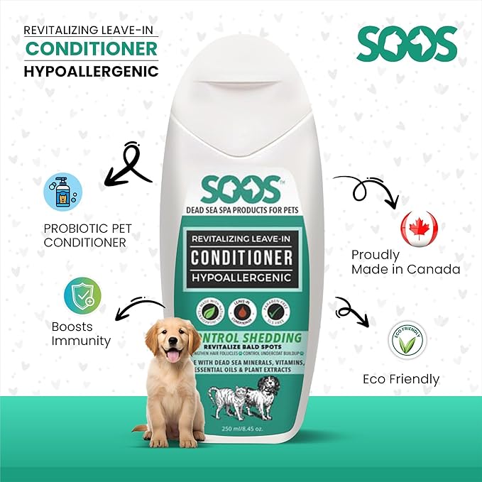 Soos Pets Pet Conditioner Natural Dead Sea Hypoaller-genic Revitalizing Leave-In Deeply Absorbing with Vitamins Essential Oils Natural Elements for Dogs and Cats - 1x Pet Conditioner (250ml / 8.45 oz)