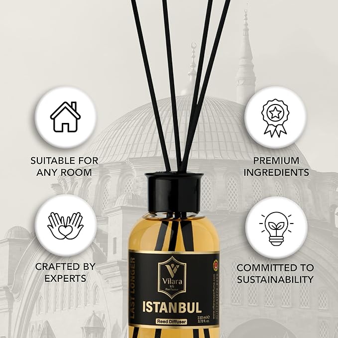 Luxury Reed Diffuser Set - 110ml Aromatherapy Diffuser with Natural Sticks, Aesthetic Room Decor, Long-Lasting Air Freshener for Home, Bathroom, and Office, Essential Oil Stick Diffuse (Istanbul Pack)