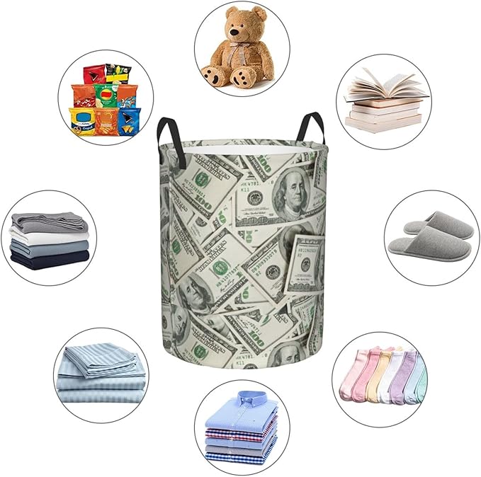 Funny Hundred Dollars Money Bills Laundry Hamper Bag With Waterproof Liner - Round Laundry Basket Foldable Clothes Storage Organizer For Bathroom Bedroom Nursery Dorm, S-16.5"X 13.8"