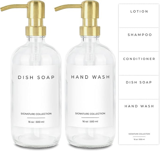 Emerson Soap Dispenser, Dish Soap Dispenser for Kitchen, Bathroom Set, Kitchen Hands and Dishes, Glass Bottles with Pump and Labels, 16 Oz | 2 Pack