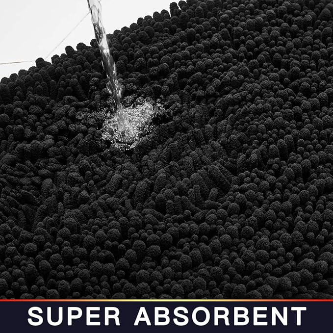 Walensee Large Bathroom Rug Non Slip Bath Mat (72x24 Inch Black) Water Absorbent Super Soft Shaggy Chenille Machine Washable Dry Extra Thick Perfect Absorbant Best Plush Carpet for Shower Floor
