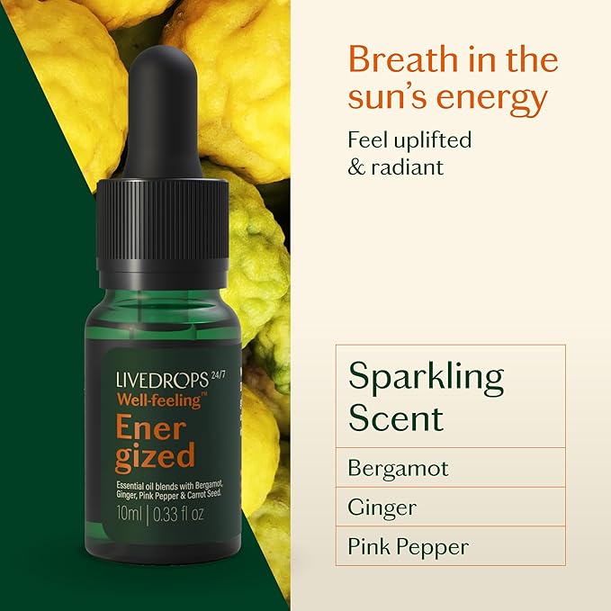 Livedrops 24/7 Energized Essential Oil Blend - Bergamot, Ginger, Pink Pepper - Natural Aromatherapy for Energy & Focus - Skin-Safe & Diffuser-Ready - Clinically Tested - Crafted in France