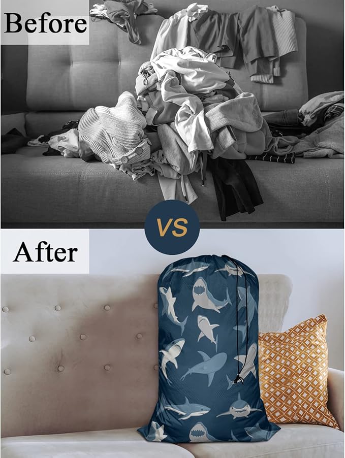 Swono Shark Heavy Duty Laundry Drawstring Bag with Strap, Wild Fish Set Sea Life Underwater 28 x 40 Inches Travel Dirty Clothes Bag for Laundromat and Household, Blue