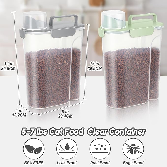 5-7Lbs Dog Cat Food Storage Container with Upgraded Large Nozzle BPA-free, 4 Snap Seals Plastic Pet Food Storage Containers with Handles (2, Light Green+Light Gray, 5L)