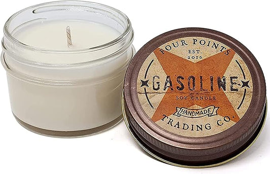 Gasoline Scented Candle 4 oz - Soy Aromatherapy Candle with Jar - Great Fun Gifts for Birthday, Anniversary, Christmas, New Year, House Warming and More - Four Points Trading Co.