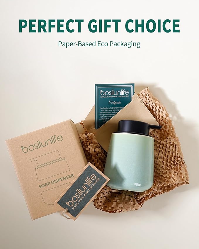 BosilunLife Foam Hand Soap Dispenser - 12 oz Bathroom Lotion Hand Pump Dispenser Light Green Foaming Soap Dispenser Ceramic Dish Liquid Dispenser for Kitchen