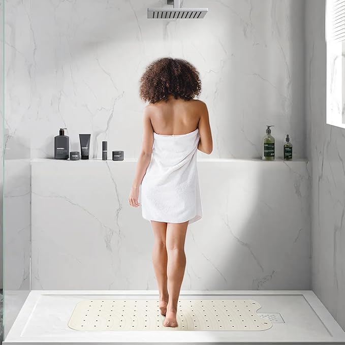 Extra Long Rubber Bathtub Mat, Non-Slip Shower Tub Mat, 39x16 Inch, Bath Tub Floor Mat with Suction Cups and Drainage Holes, Ivory White