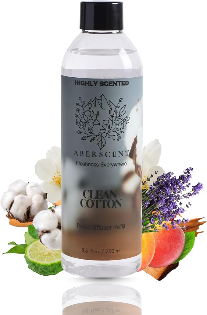 Clean Cotton Aberscent Premium Reed Diffuser Oil Refill (8.5 Fl Oz/250ml) – Long-Lasting Fragrance Oil for Home, Office & Spa – Relaxing Scent, Luxury Hotel-Style Aroma