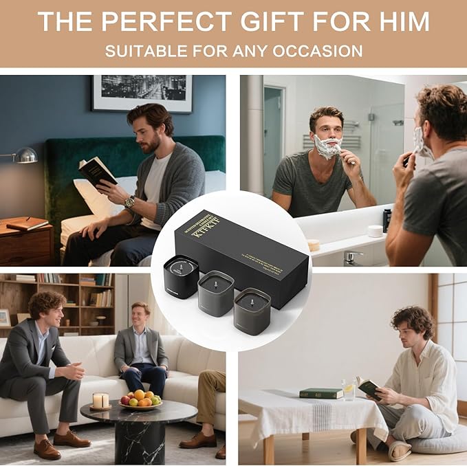 Scented Candles for Men - 3 Pack Vanilla Teakwood Mens Candles Gift Set | Essential Oil Soy Wax Candle | Luxury Masculine Gifts for Him, Husband, Boyfriend