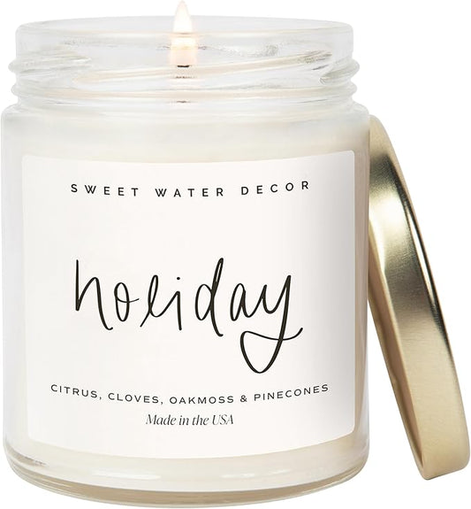 Sweet Water Decor Holiday Candle - Cloves, Pine, and Sandalwood Festive Winter Scented Soy Candles for Home - 9oz Clear Jar, 40 Hour Burn Time, Made in The USA