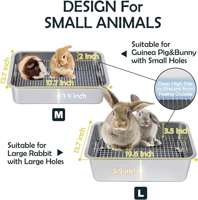 MEEXPAWS Rabbit Litter Box Stainless Steel, Large Bunny Litter Box with Raised Grid and Washable Pee Pad, Metal Litter Pan High Side for Rabbit,Small Animal Toilet Potty Tray Easy Cleaning,Less Stink