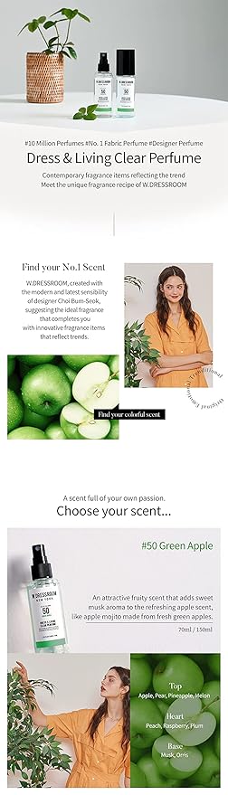 W.Dressroom Dress & Living Clear Perfume Spray Set of 2 – No.50 Green Apple + No.98 Secret Musk | Room & Fabric Spray, Odor Eliminating, Hypoallergenic Fragrance Mist, Travel Size Perfume Gift Set