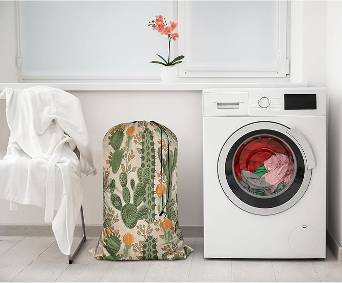 Swono Succulent Cactus Extra Large Laundry Bag with Drawstring Closure 28"x40", Retro Mexican Orange Flowers Exotic Tropical Plants for College, Dorm and Apartment Dwellers