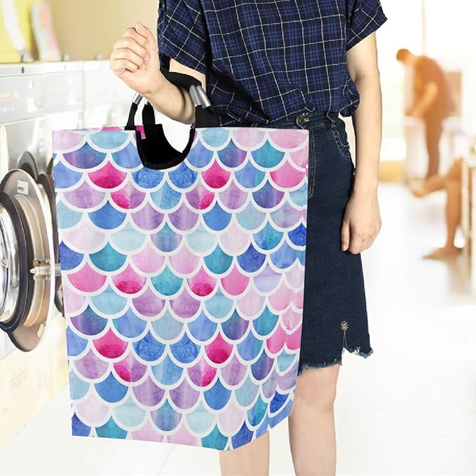 visesunny Collapsible Laundry Basket Mermaid Rainbow Scale Large Laundry Hamper with Handle Toys and Clothing Organization for Bathroom, Bedroom, Home, Dorm, Travel