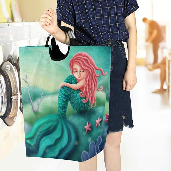 visesunny Mermaid Starfish Large Capacity Laundry Hamper Basket Water-Resistant Oxford Cloth Storage Baskets for Bedroom, Bathroom, Dorm, Kids Room