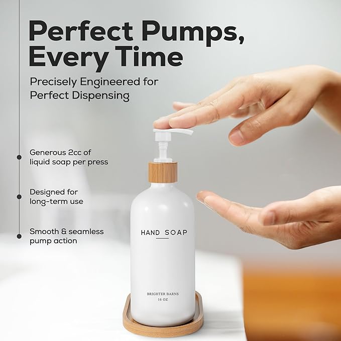 White Glass Hand Soap Dispenser Bathroom Set by Brighter Barns - Liquid Hand Soap Dispenser for Kitchen Sink - Boho Bathroom Pump Bottle Set - Minimalist Home Decor for Vacation Rental, Gifts (White)