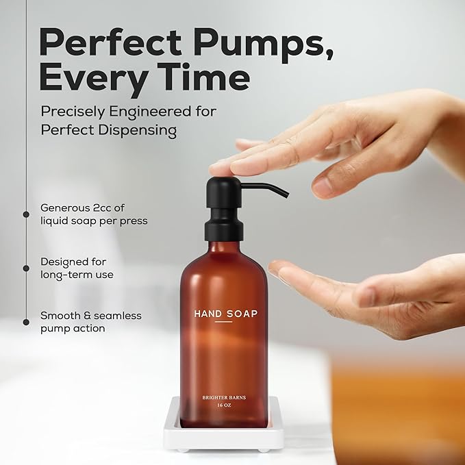 Amber Glass Hand and Dish Soap Dispenser Set by Brighter Barns - Kitchen Soap Dispenser Set with Tray for Kitchen, Airbnb, Vacation Rental or Restaurant - Modern Kitchen Decor & Accessories (Amber)