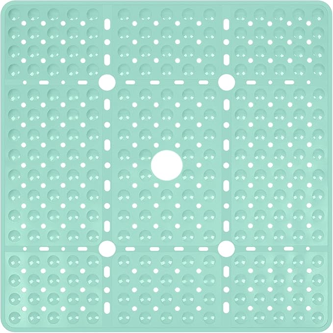 Reetual XL Shower Mat Non Slip - 27x27 Bath Mat for Shower Stall or Large Bathtub Mat with 240 Powerful Suction Cups and Drain Holes. Black Shower Mats for Bathroom (Aqua Green)