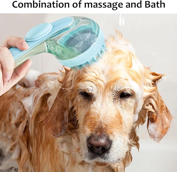 (6 Pcs) ELEGX Pet Grooming Bath Massage Brush with Soap and Shampoo Dispenser Soft Silicone Bristle for Long Short Haired Dogs Cats Shower (Light blue)