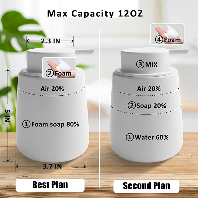 Soap Foaming Dispenser Ceramic with Easy-to-Press Pump Hand Foam Dispenser for Shampoo Bathroom Kitchen 12 oz 2pcs