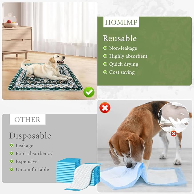 Homimp Washable Pee Pads for Dogs, 2 Pack Reusable Puppy Pads Waterproof, Absorbent and Leakproof Dog Pee Pads, Non Slip Puppy Training Pads, Pet Mat for Floor, Crate, Couch, Whelping,Green, 36"x36"