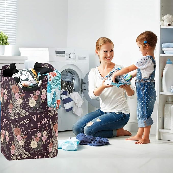 visesunny Vintage Paris Large Laundry Hamper with Handle Foldable Durable Clothes Hamper Laundry Bag Toy Bin for Bathroom, Bedroom, Dorm, Travel